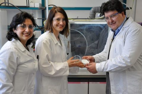 Dr. Zuzana Nescakova im Bild mit Dr. Liliana Liverani (Institut für Biomaterialien) und Prof. Aldo R. Boccaccini im Elektrospinninglabor