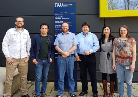 Marius Gensler (PhD student, Würzburg), Milad Eyvazi Hesar (PhD student, Bayreuth), Dr. Jan Hansmann, Prof. Aldo R. Boccaccini, Dr. Sahar Salehi, and Ms Susanne Heid (PhD student, Erlangen) beim Auftakttreffen