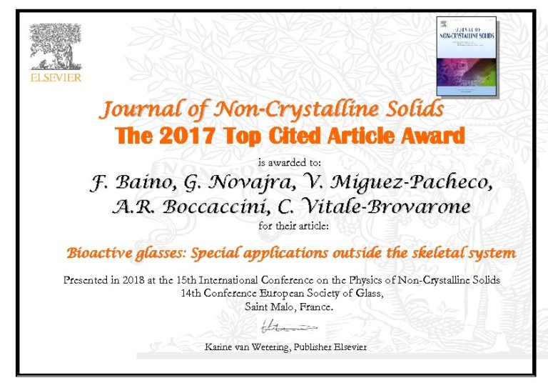 Most cited paper award: J. Non-Crystalline Solids