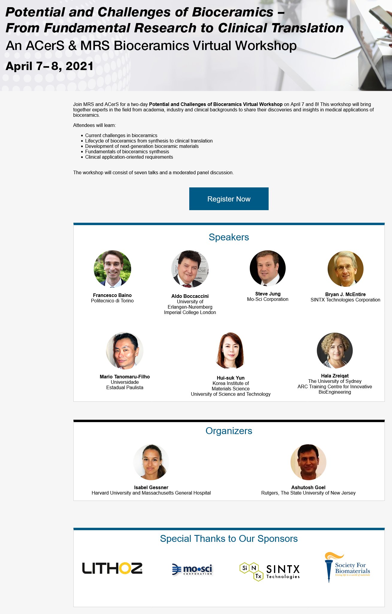 Overview of speakers at the ACerS & MRS Bioceramics Virtual Workshop.