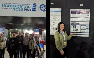 All four participants standing next to the conference logo / Hsuan-Heng standing next to her poster.