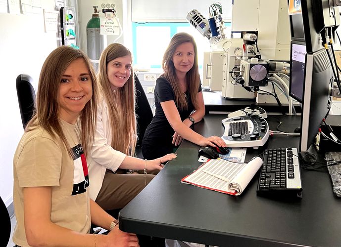 Faina Bider, Iouliana Chrysafi and Zoya Hadzhieva sitting at the SEM investigating samples