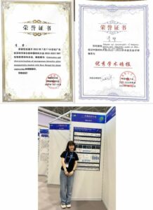Bottom: Meng standing next to her poster. Top: The award certificates.
