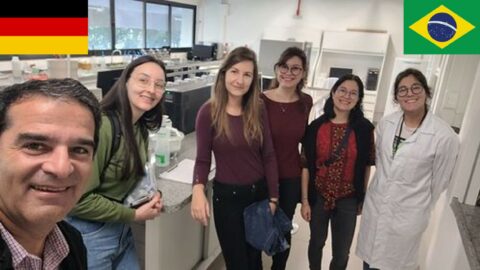 Prof. Hotza with his students, Marcela and Zoya, standing in the lab.