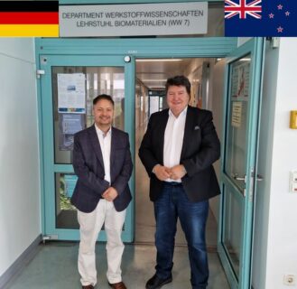 Prof. Boccaccini and Dr. Khadka in the hall of the biomaterials institute.