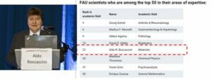 Left: Prof. Boccaccini in a podium giving a talk. Right: List of professors on the list from FAU, Prof. Boccaccini's name highlighted.