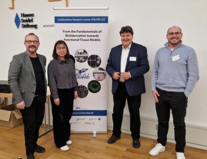 Prof. Boccaccini, Dr. Detsch, Ms Lu and Mr Roeder standing next to a TRR banner