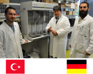 Prof. Boccaccini, Prof. Simsir and Mr. Varlik pictured in the lab wearing lab coats.