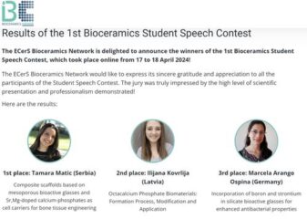 A slide titled "Results of the 1st Bioceramics Student Speech Contest", with the 3 winners faces on it, including Marcela.
