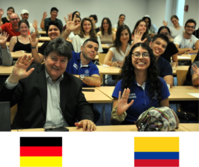 The teacher greeting with students from columbia