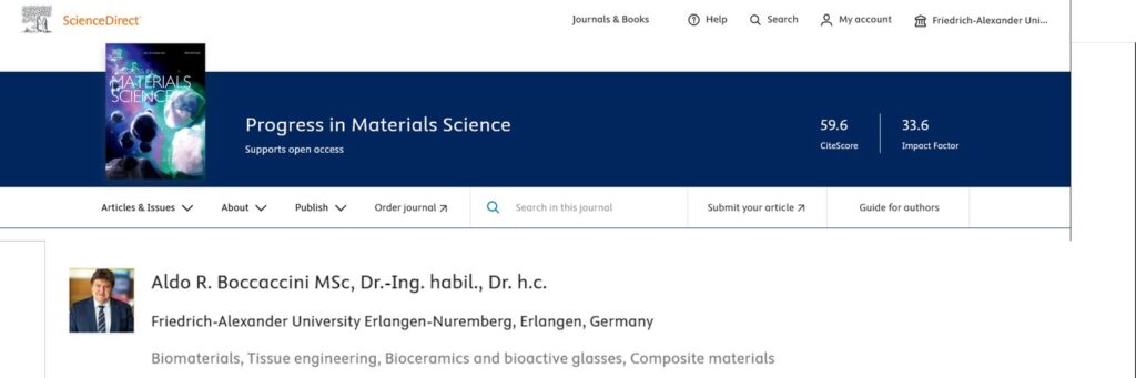 Announcement of the Journal "Progress in Materials Science" about Prof. Boccaccini being now member of the editor board