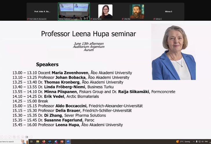 slide showing Prof. Leena Hupa pictured right of the speakers list and the timetable at the Symposium to celebrate her career