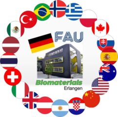 flags of international collaborations around a photo of the building of the institute