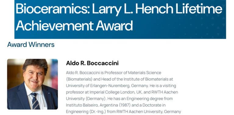Prof. Aldo R. Boccaccini to receive the Larry L. Hench Lifetime Achievement Award from the Bioceramics Division of The American Ceramic Society