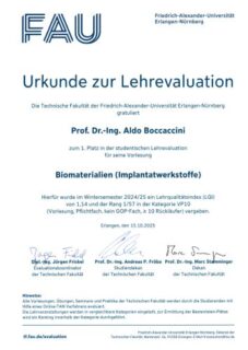 Towards entry "Prof. Aldo R. Boccaccini receives Best Teaching recognition from the FAU Faculty of Engineering based on student responses"